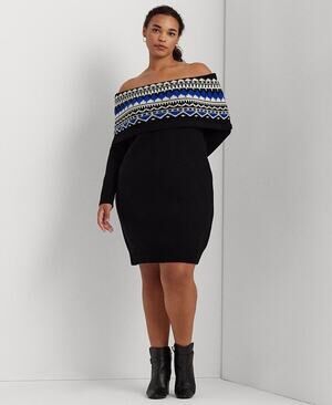 LAUREN RALPH LAUREN Fair Isle Off-the-Shoulder Plus Size 2X Dress NWT $265